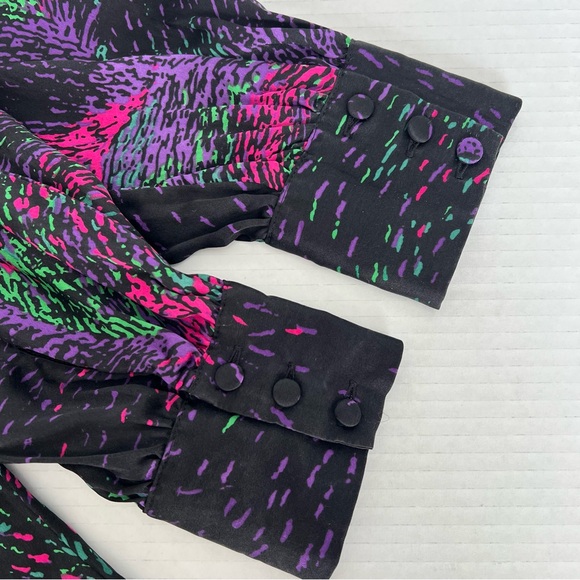 Chic Artistic Feminine 100% Silk Charmeuse Blouse Black & Vivid Print Women’s S - Picture 9 of 10